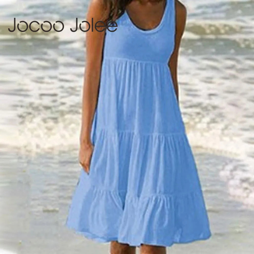 Jocoo Jolee فستان نسائي كاجوال برقبة دائرية بدون أكمام بكشكشة فستان قصير بوهو بلون موحد للشاطئ فستان صيفي فضفاض كبير الحجم 2023