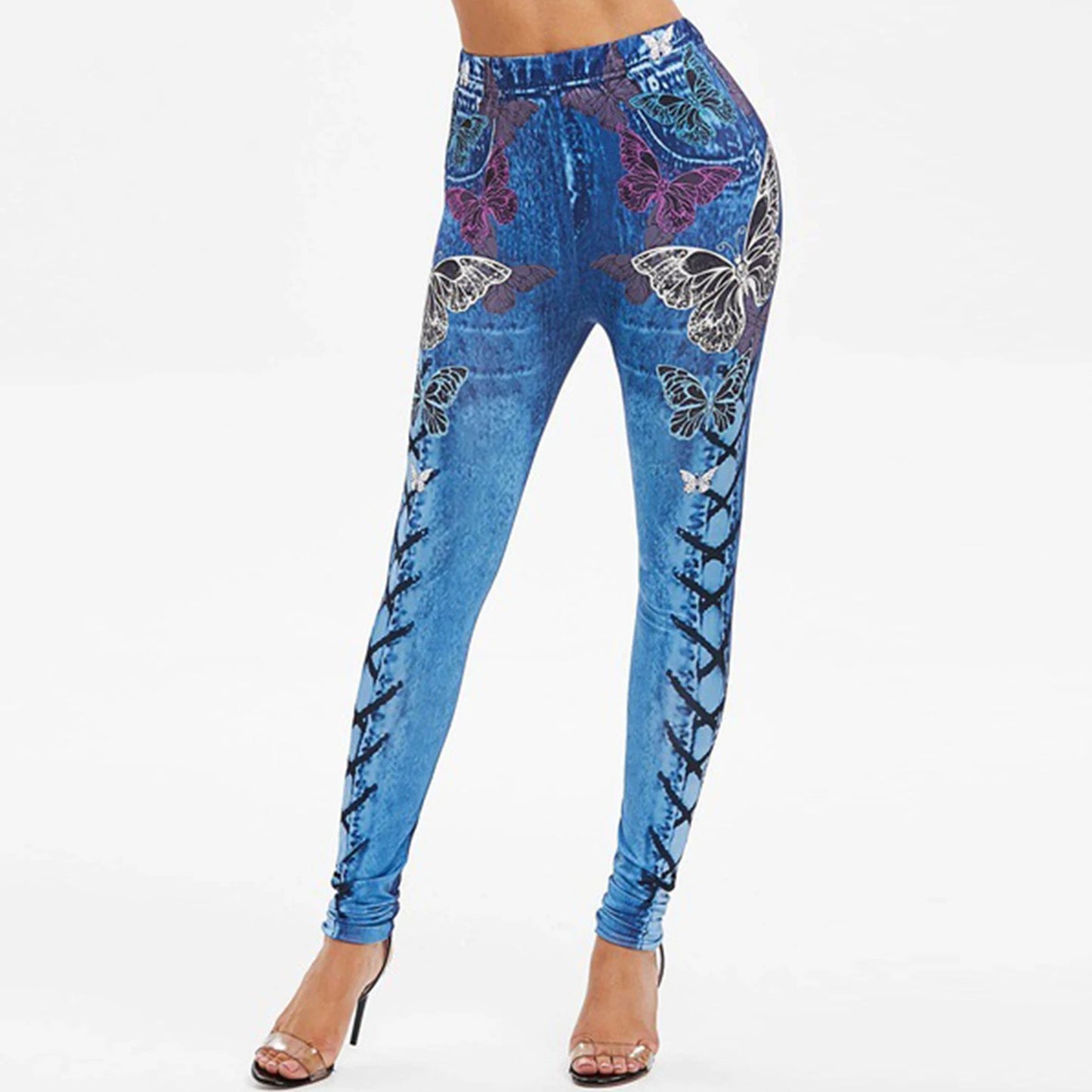 Skinny High Waist Women Pants Butterfly Print Lace-up Elastic Jogging