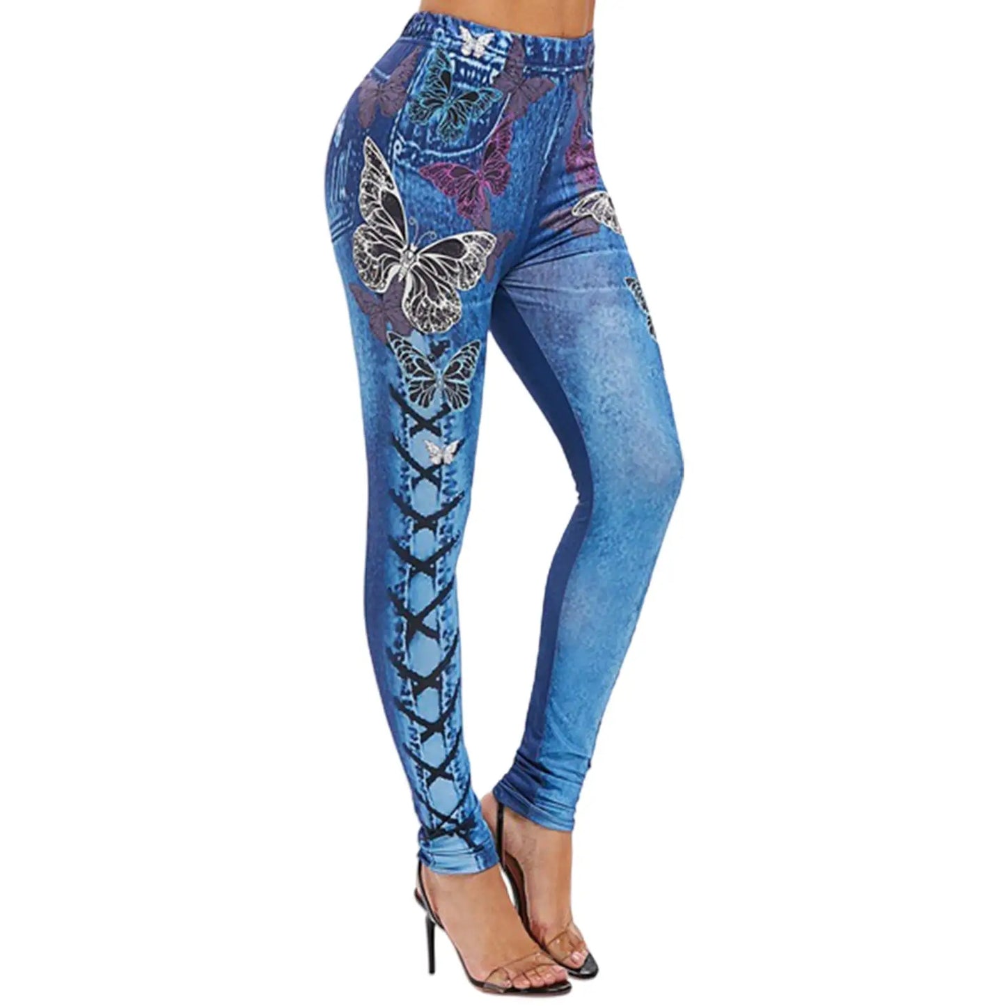 Skinny High Waist Women Pants Butterfly Print Lace-up Elastic Jogging