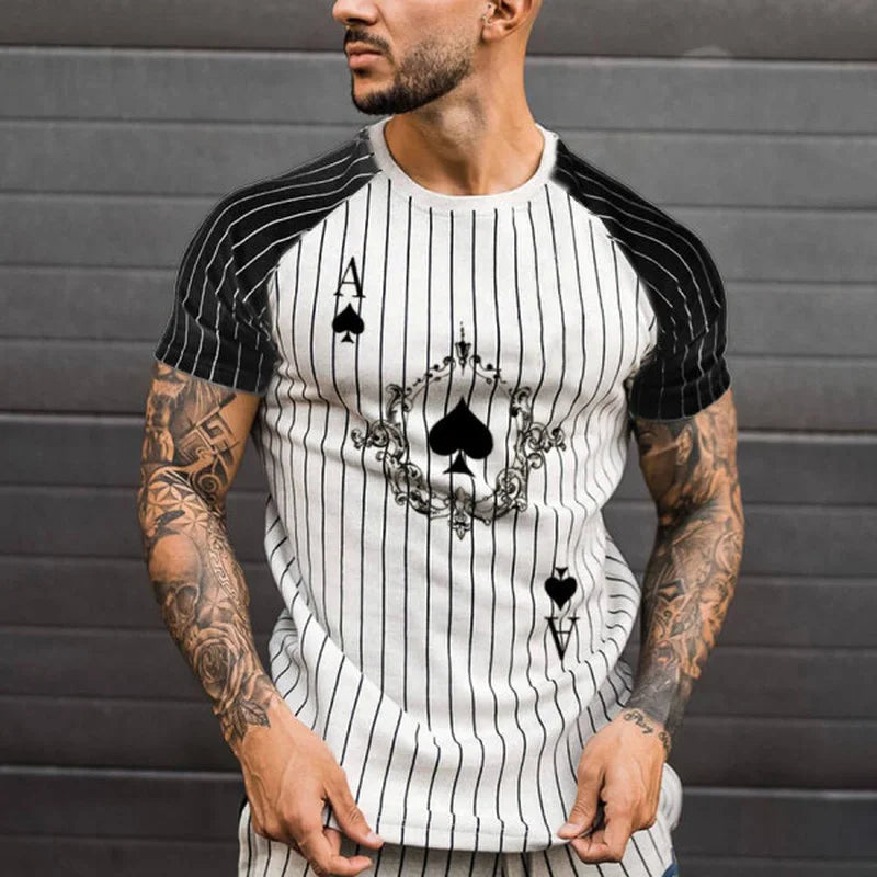 Poker Spade and King Summer Hot Sales Men's Vertical Striped T-shirt Round Neck