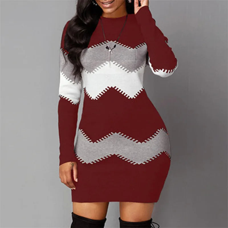 Women Elegant Patchwork Long Sleeve Warm Dress