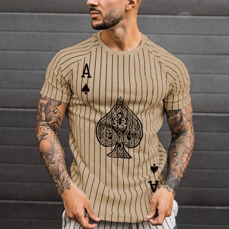 Poker Spade and King Summer Hot Sales Men's Vertical Striped T-shirt Round Neck