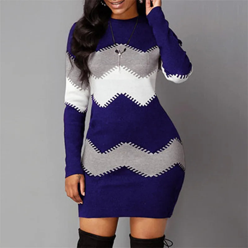 Women Elegant Patchwork Long Sleeve Warm Dress