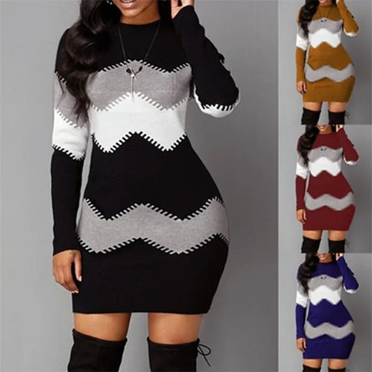 Women Elegant Patchwork Long Sleeve Warm Dress